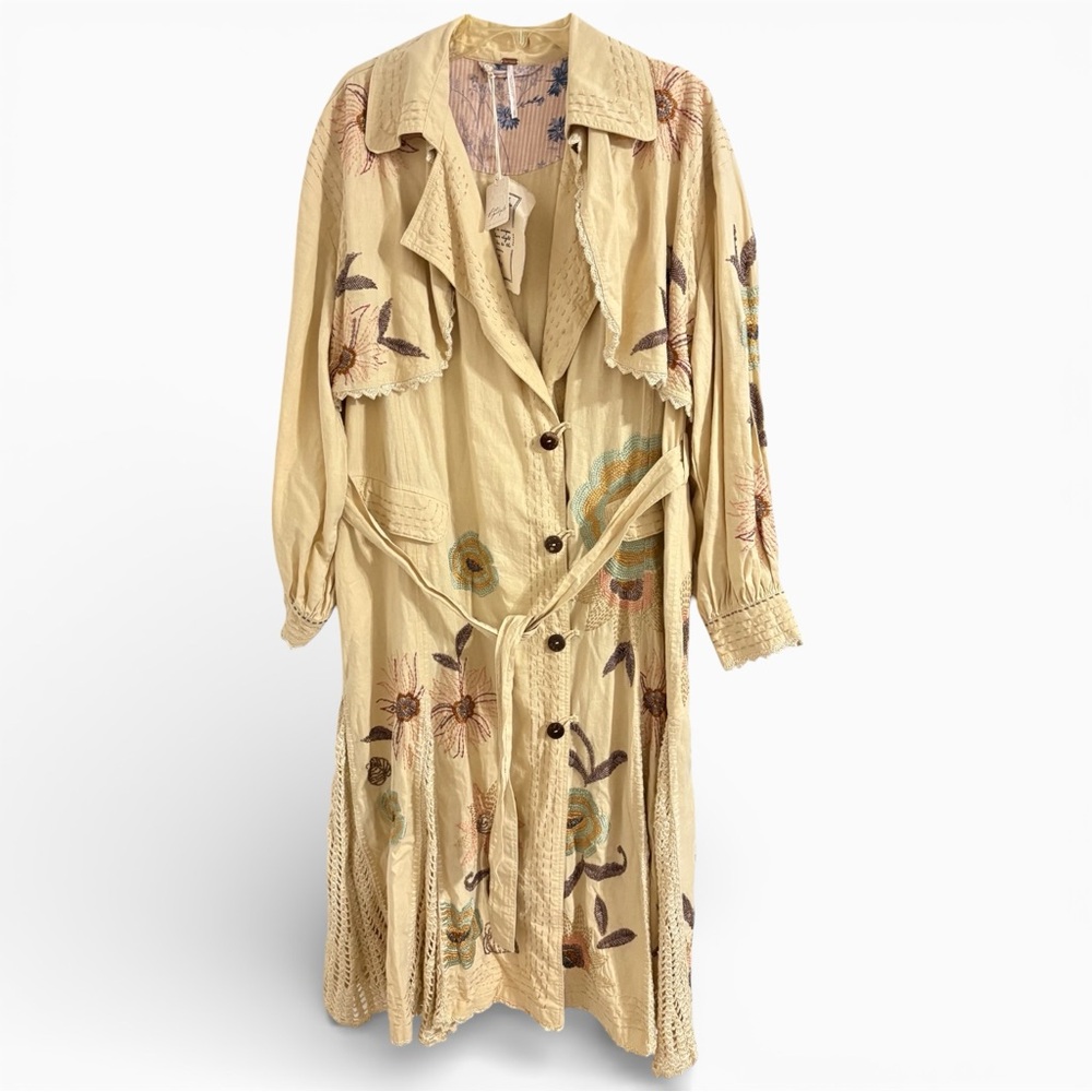 Free People small Trench coat Forget me Not linen blend beaded floral jacket